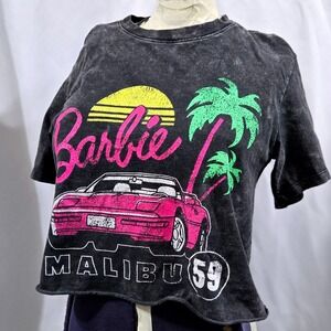 Barbie Malibu 59‎ Crop Top XS Black Graphic Print Palm Trees Car 100% Cotton